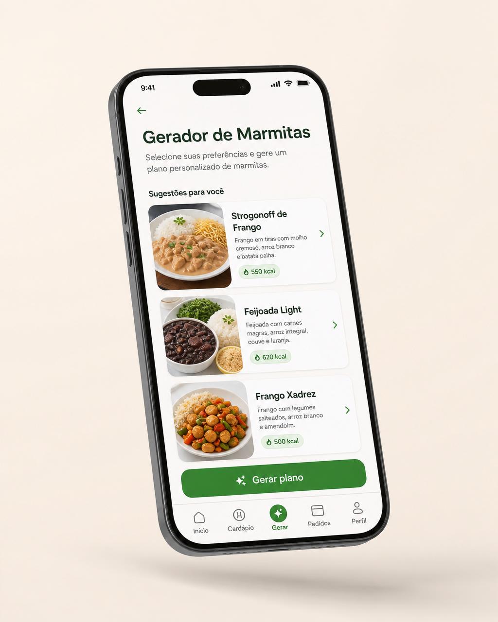 Tela do Gerador de Marmitas no aplicativo