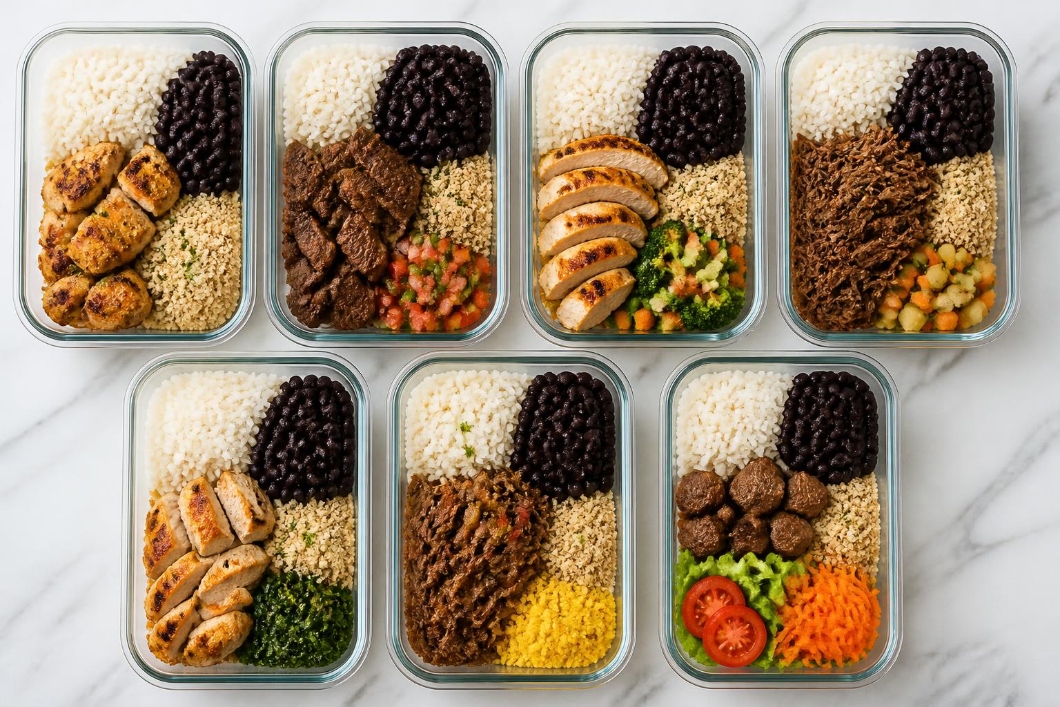 Sete marmitas brasileiras organizadas com arroz, feijão, carnes e legumes